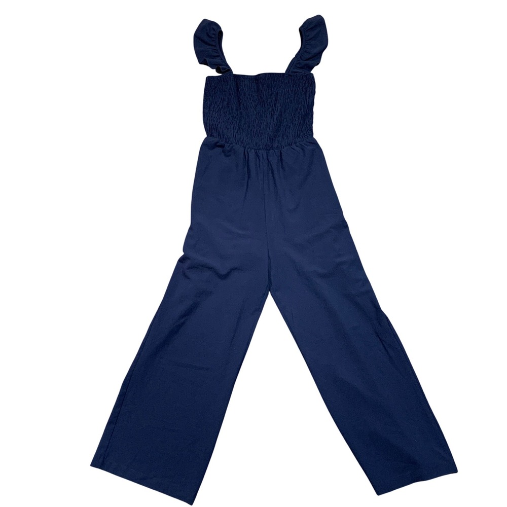 Womens Navy Blue Smocked Ruffle Strap Wide Leg Jumpsuit - Size M